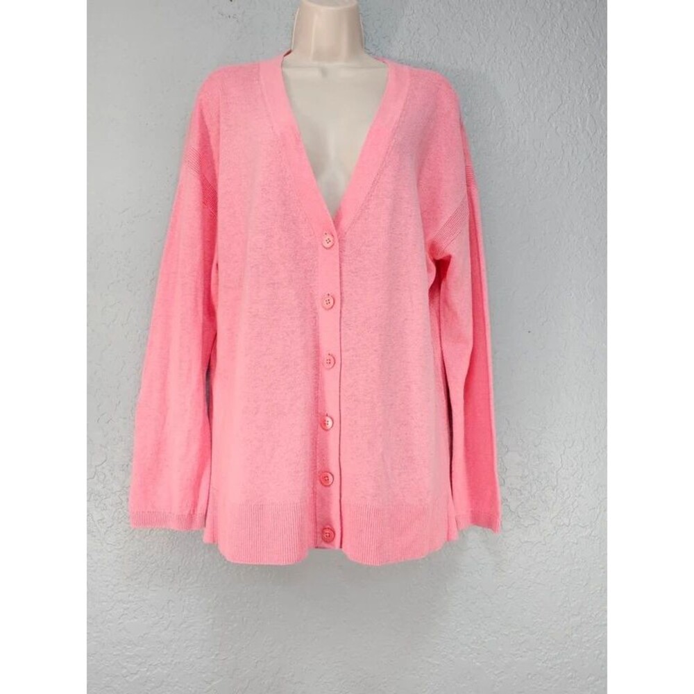 Talbots Women's XL Pink Linen Cotton V-Neck Button Front Cardigan Sweater